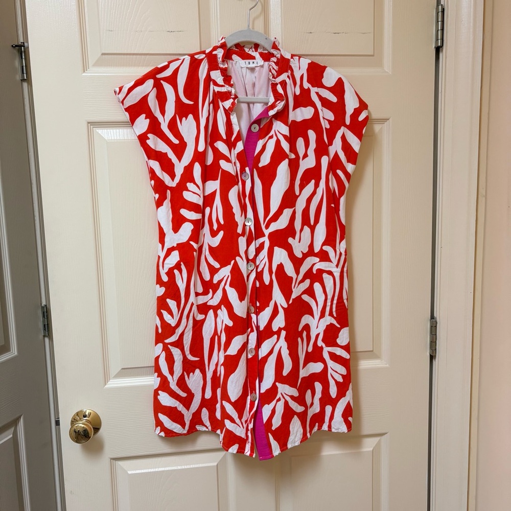 THML Orange and White Abstract Mini Dress with ruffle collar. Large